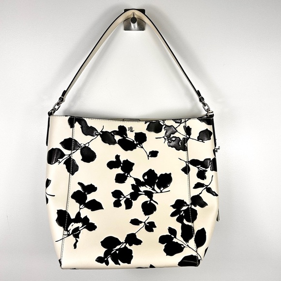 Lauren Ralph Lauren Adley Leather Shoulder Bag Floral White with Black Embossed - Picture 2 of 9